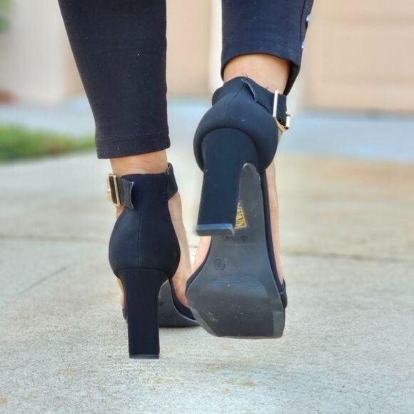 Women's Black Nubuck Ankle Strap Block Heel Dress Sandals - Picture 4 of 6